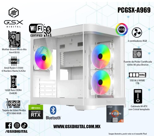Pc Gamer Ryzen 5 - RTX 5060 8GB - 16Gb Ram DDR4 - SSD 1TB Nvme - Fuente Certifica 650W - Wifi y BT PCGSX-A969
