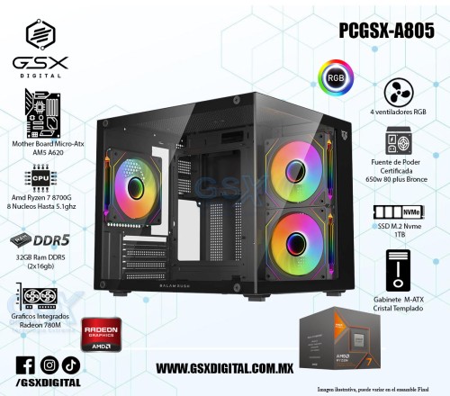 PC GAMER AMD RYZEN 7 8700G - 32GB DDR5 - 1TB SSD NVME - GABINETE CRISTAL TEMPLADO CON 3 VENTILADORES RGB - FUENTE CERTIFICADA 650W - GRAFICOS RADEON 780M PCGSX-A805