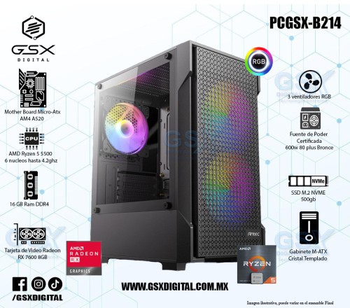 Pc Gamer Ryzen 5 - RX 7600 8Gb - 16gb Ram - SSD 500gb Nvme - Fuente Certifica 600W  PCGSX-B214