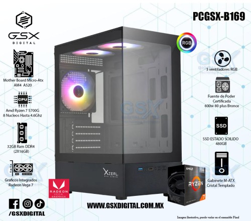 Pc Gamer Ryzen 7 5700G - 32Gb Ram -  SSD 480GB - Fuente Certificada 600W - Graficos Radeon Vega 7 PCGSX-B169