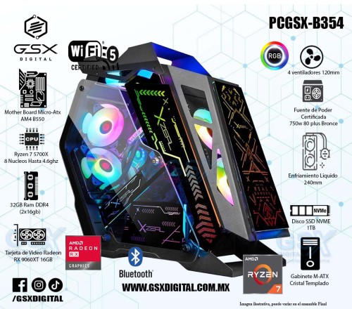 Pc Amd Ryzen 7 5700X - RX 9060XT 16gb - Ram 32gb ddr4 - SSD 1Tb Nvme - Fuente Certificada 750W - Enfriamiento liquido - Wifi y Bluetooth PCGSX-B354