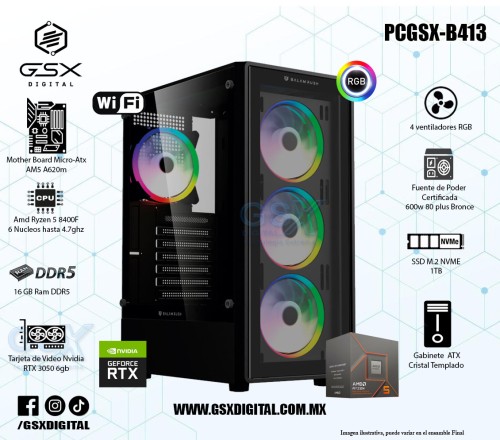 Pc Gamer Ryzen 5 8400F - Rtx 3050 6GB - 16Gb RAM DDR5 - 1Tb SSD Nvme - Fuente 600W Certificada PCGSX-B413