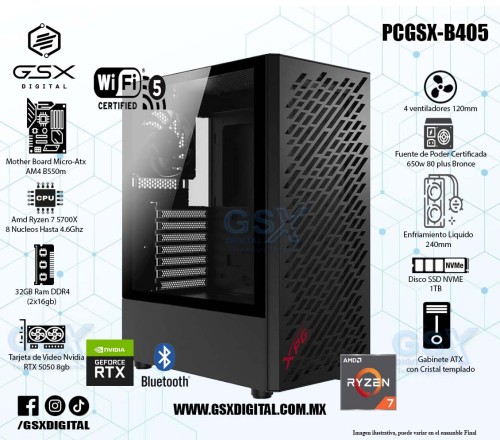 Pc Gamer Ryzen 7 5700X - RTX 5050 8GB - 32Gb Ram - SSD 1TB Nvme - Fuente Certificada 650W - wifi y bluetooth - Enfriamiento Liquido 240mm PCGSX-B405