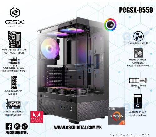 Pc Gamer Ryzen 7 5700G- 32Gb Ram Ddr4 - SSD 1TB - Fuente Certificada 600W - Graficos Radeon Vega 8 - 5 ventiladores incluidos PCGSX-B559