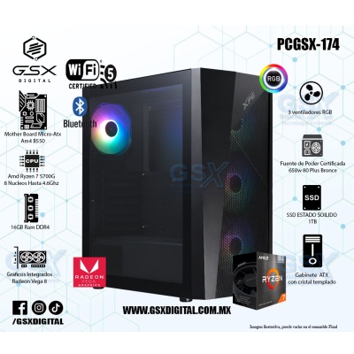 PC GAMER AMD RYZEN 7 5700G - 16GB RGB - 1TB SSD - CRISTAL TEMPLADO - 4 VENTILADORES RGB  - FUENTE 650W CERTIFICADA - Wifi y Bluetooth