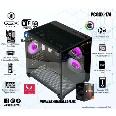 PC GAMER AMD RYZEN 7 5700G - 16GB RGB - 1TB SSD - CRISTAL TEMPLADO - 3 VENTILADORES RGB  - FUENTE 650W CERTIFICADA - Wifi y Bluetooth