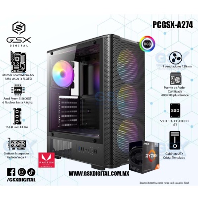 Pc Gamer Ryzen 5 5600GT- 16Gb Ddr4 - SSD 1TB  - Fuente Certificada 600W - Graficos Radeon Vega 7