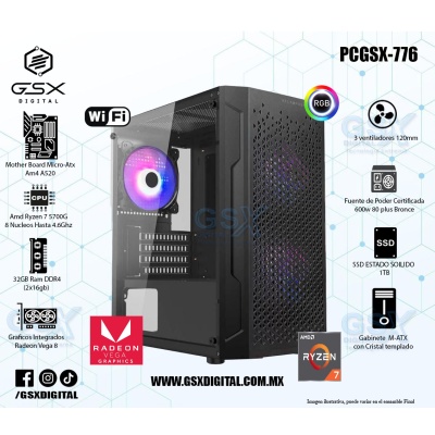 PC GAMER AMD RYZEN 7 5700G  - 32GB RAM DDR4 - 1TB SSD - CRISTAL TEMPLADO  - 3 VENTILADORES RGB  - FUENTE 600W CERTIFICADA