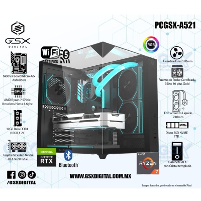 Pc Gamer Ryzen 7 5700X - RTX 5070 12GB - 32Gb RAM Rgb - 1Tb SSD Nvme - Fuente 750W Certificada - WIFI y Bluetooth - Enfriamiento Liquido