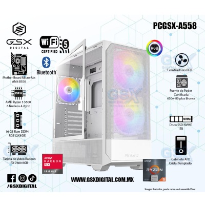 Pc Ryzen 5 5500 - Radeon Rx 7600 8GB - 16Gb Ram DDR4 - SSD 1TB Nvme - fuente certificada 650W - Wifi y Bluetooth