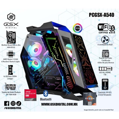 Pc Gamer Ryzen 5 - RX 7600 8GB - 16Gb Ram ddr4 - SSD 1TB Nvme - Fuente 650W Certificada - Wifi y Bluetooth