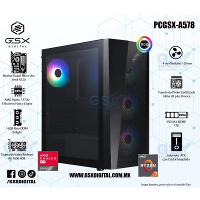 Pc Gamer Ryzen 7 - RX 7600 8GB - 16Gb Ram Ddr4 - SSD 1TB Nvme - Fuente certificada 650W 