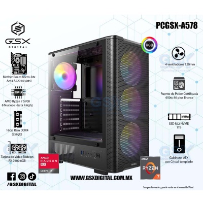 Pc Gamer Ryzen 7 - RX 7600 8GB - 16Gb Ram Ddr4 - SSD 1TB Nvme - Fuente certificada 650W 