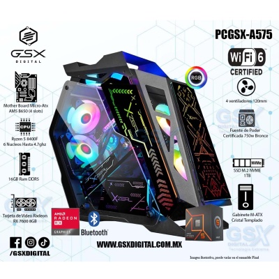 Pc Gamer Ryzen 5 8400F - Rx 7600 8GB - 16Gb RAM DDR5 - 1Tb SSD Nvme - Fuente 750W Certificada - WIFI y Bluetooth