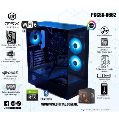 Pc Ryzen 5 7600X - RTX 5060ti 8gb - 32gb DDR5 RGB - 1TB Ssd NVME - Fuente Certificada 750w Gold - Enfriamiento Liquido 360mm - Wifi y Bluetooth