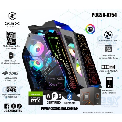 Pc Ryzen 7 8700F - RTX 5060 8GB - 32gb DDR5 RGB - 1TB Ssd NVME - Fuente Certificada 750w - Wifi y Bluetooth