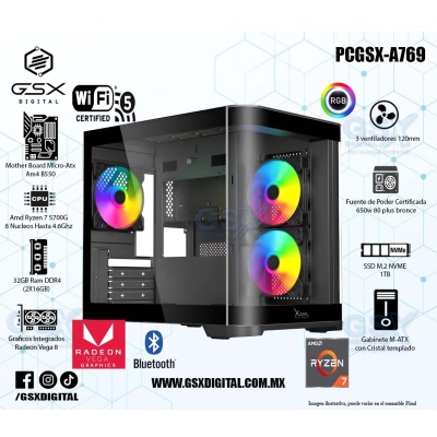 PC GAMER AMD RYZEN 7 5700G - 32GB RAM DDR4 - 1TB SSD NVME - FUENTE 650W CERTIFICADA - WIFI - BLUETOOTH