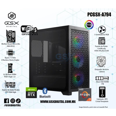 Pc Gamer Ryzen 7 5700x - RTX 5060 8GB - 32Gb Ram - SSD 1TB Nvme - Fuente Certificada 750W - wifi y bluetooth - Enfriamiento Liquido 360mm