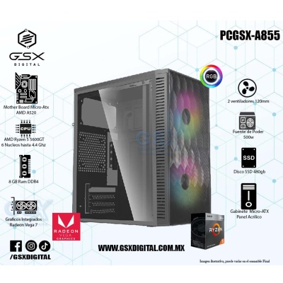 Pc Ryzen 5 -  8Gb Ram - SSD 480Gb - Gabinete con Fuente 500W -  Graficos Radeon Vega 7 - 2 Ventiladores RGB