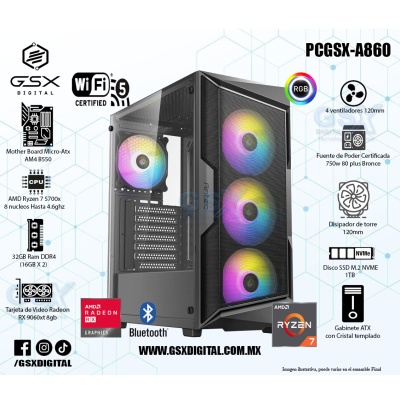 Pc Amd Ryzen 7 5700x - Rx 9060xt 8Gb - 32gb Ram DDR4 - SSD 1Tb Nvme - Fuente Certificada 750w  - Disipador de Torre 120mm - Wifi y BT