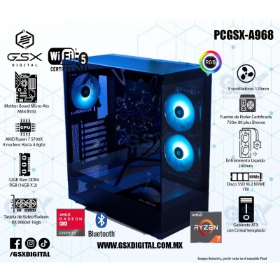 Pc Ryzen 7 5700X - Rx 9060xt 16GB - 32GB Ram DDR4 - 1tb Ssd NVME - Fuente Certificada 750w - wifi y bluetooth - Enfriamiento liquido