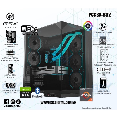 Pc Gamer Ryzen 7 5700X  - RTX 5070 12GB - 32Gb RAM Rgb - 1Tb SSD Nvme - Fuente 750W Certificada - WIFI y Bluetooth - Enfriamiento liquido