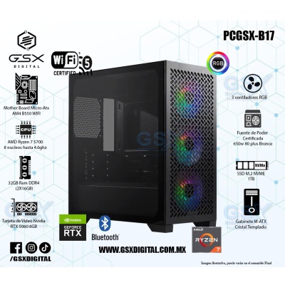 Pc Ryzen 7  - RTX 5060 8GB - Ram 32Gb RGB - SSD 1TB Nvme - FUEN0TE CERTIFICADA 650W - WIFI Y BLUETOOTH 
