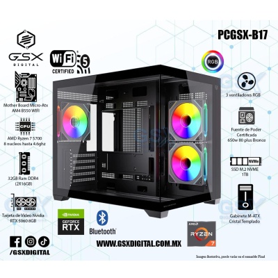 Pc Ryzen 7  - RTX 5060 8GB - Ram 32Gb DDR4 - SSD 1TB Nvme - FUEN0TE CERTIFICADA 650W - WIFI Y BLUETOOTH 