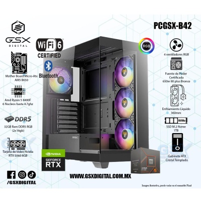 Pc Gamer Ryzen 5 8400F - RTX 5060 8GB - 32Gb Ram DDR5 - SSD 1TB Nvme - Fuente Certificada 650W - Enfriamiento liquido - WIFI Y BLUETOOTH