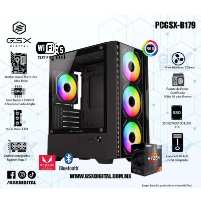 Pc Gamer Ryzen 5 5600GT- 16Gb Ddr4 - SSD 1TB - Fuente Certificada 600W - Graficos Radeon Vega 7 - WIFI Y BLUETOOTH