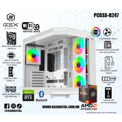 PC AMD RYZEN 5 5500X3D - RTX 5060 8GB - 32GB RAM - 1TB SSD NVME - FUENTE 750W CERTIFICADA - ENFRIAMIENTO LIQUIDO - WIFI Y BLUETOOTH