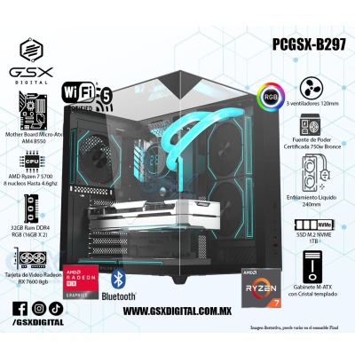 Pc Gamer Ryzen 7 5700 - RX 7600 8GB - 32Gb Ram RGB - SSD 1TB Nvme - Enfriamiento liquido - Fuente 750W Certificada - WIFI Y BLUETOOTH