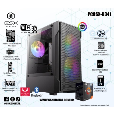 PC GAMER AMD RYZEN 5 - 16GB RAM RGB - 1TB SSD - 3 VENTILADORES RGB - FUENTE 600W CERTIFICADA - WIFI - Bluetooth