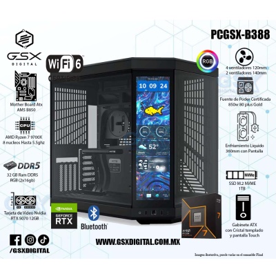 PC AMD RYZEN 7 9700X - 32GB RAM DDR5 - 1TB SSD NVME - T VIDEO RTX 5070 12GB - ENFRIAMIENTO LIQUIDO 360MM - FUENTE CERTIFICADA 850W GOLD - WIFI BT - GABINETE Y70 CON PANTALLA TOUCH