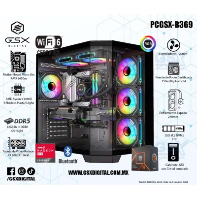 PC AMD RYZEN 5 9600X - RX 9060XT 16GB - 32GB RAM DDR5 - 2TB SSD NVME - FUENTE 750W CERTIFICADA  - WIFI Y BLUETOOTH - ENFRIAMIENTO LIQUIDO