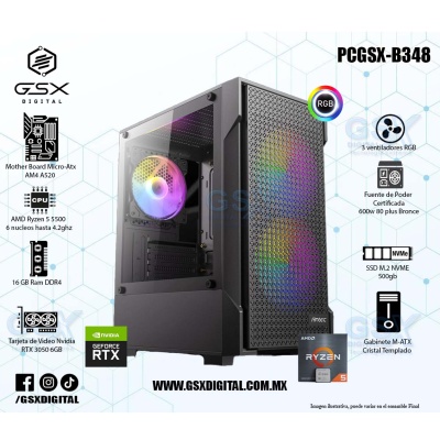 Pc Gamer Ryzen 5 - RTX 3050 6Gb - 16gb Ram Rgb - SSD 500gb Nvme - Fuente Certifica 600W