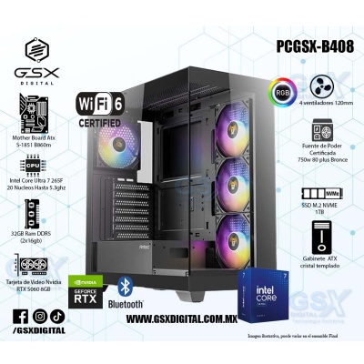 PC INTEL CORE ULTRA 7 265F - RTX 5060 8GB - 32GB RAM DDR5 - 1TB SSD NVME - FUENTE 750W CERTIFICADA - WIFI Y BT