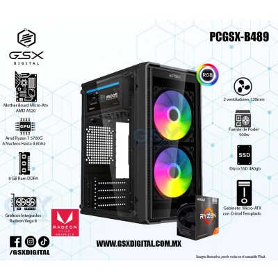 Pc Ryzen 7 - 8Gb Ram - SSD 480Gb - Gabinete con Fuente 500W -  Graficos Radeon Vega 7 - 2 Ventiladores RGB