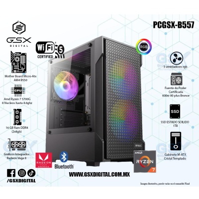 PC GAMER AMD RYZEN 7 5700G - 16GB RAM DDR4 - 1TB SSD - 3 VENTILADORES RGB - FUENTE 600W CERTIFICADA - WIFI - Bluetooth
