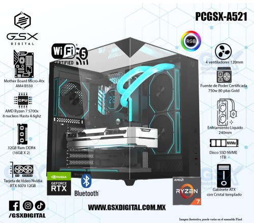 Pc Gamer Ryzen 7 5700X - RTX 5070 12GB - 32Gb RAM Rgb - 1Tb SSD Nvme - Fuente 750W Certificada - WIFI y Bluetooth - Enfriamiento Liquido PCGSX-A521