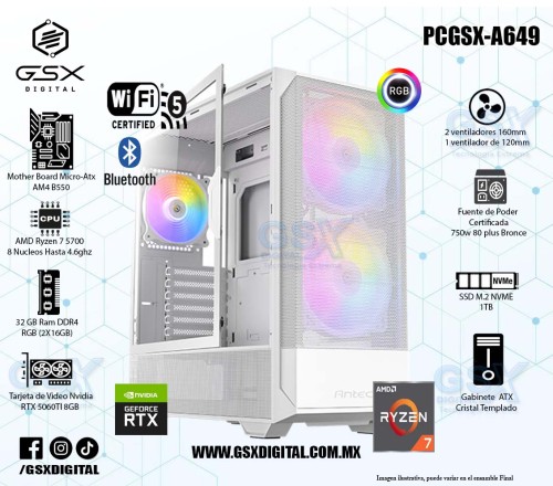 Pc Ryzen 7 5700 - RTX 5060TI 8GB -  32Gb RAM DDR4 - 1Tb SSD Nvme - Fuente 750W Certificada - WIFI y Bluetooth PCGSX-A649