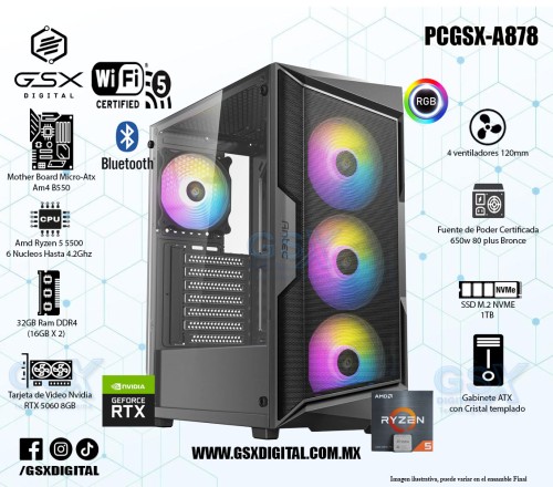 Pc Amd Ryzen 5 - RTX 5060 8GB - 32Gb Ram - SSD 1TB Nvme - Fuente Certificada 650W -  Wifi y Bluetooth PCGSX-A878