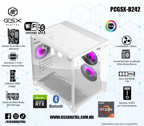 Pc Gamer Ryzen 7 - RTX 5050 8gb - 16Gb Ram DDR4 - SSD 1TB Nvme - Fuente Certificada 650W - wifi y bluetooth PCGSX-B242