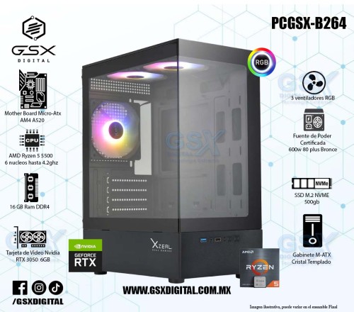 Paquete Pc Gamer Ryzen 5 - RTX 3050 6Gb - 16gb Ram Rgb - SSD 500gb Nvme - Fuente Certifica 600W - Monitor Led 23.8 - Kit teclado y mouse  PCGSX-B264KM