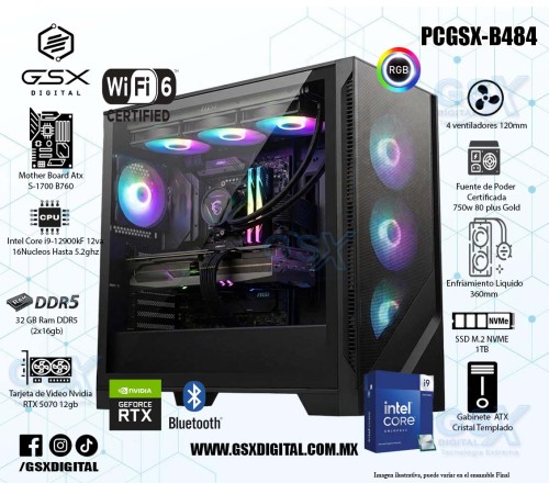 PC INTEL CORE I9-14900KF - RTX 5070 12GB - 32GB RAM DDR5 - 1TB SSD NVME - FUENTE 750W CERTIFICADA  - ENFRIAMIENTO LIQUIDO - WIFI Y BT PCGSX-B484