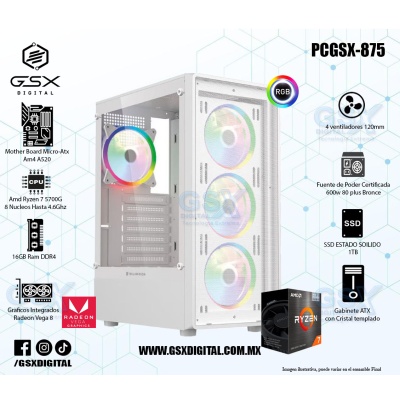 PC GAMER AMD RYZEN 7 5700G  - 16GB Ram DDR4 - 1TB SSD - CRISTAL TEMPLADO  - 4 VENTILADORES RGB - FUENTE 600W CERTIFICADA