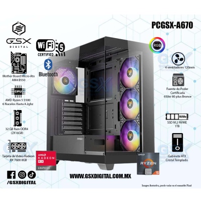 Pc Ryzen 5 - Radeon Rx 7600 8GB - 32Gb Ram RGB - 1TB Nvme - fuente certificada 650W - Wifi y Bluetooth