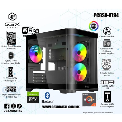 Pc Gamer Ryzen 7 5700x - RTX 5060 8GB - 32Gb Ram DDR4 - SSD 1TB Nvme - Disipador torre - Fuente Certificada 650W - wifi y bluetooth