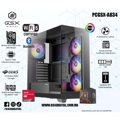 PC AMD RYZEN 5 7600 - RX 9060XT 16GB - 32GB RAM DDR5 - 1TB SSD NVME - FUENTE 750W CERTIFICADA  - WIFI Y BLUETOOTH