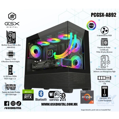 Pc Gamer Ryzen 7 - RTX 5050 8GB - 32Gb Ram - SSD 1TB Nvme - Fuente Certificada 750W - wifi y bluetooth - Enfriamiento Liquido 360mm